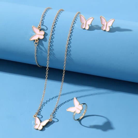 Conjunto de acessórios com design de borboleta: colar, anel, brincos e pulseira